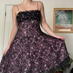 Vintage Betsey Johnson Pink and Black Lace Rosette Dress